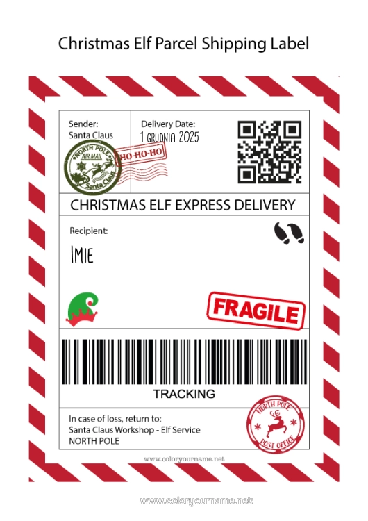 Kolorowanka do wydruku Świąteczne skrzaty Listy psotnych skrzatów Etykieta wysyłkowa Elf