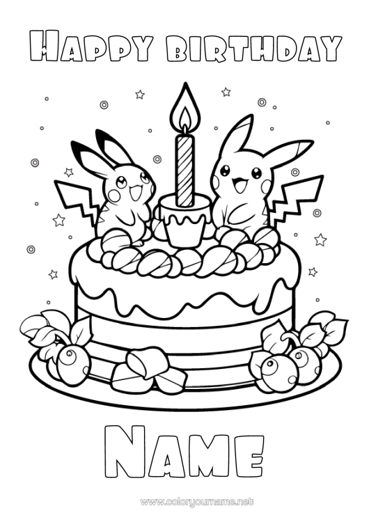 Colouring page to print Cake Birthday Pokémon Manga Happy Birthday Message Cartoon