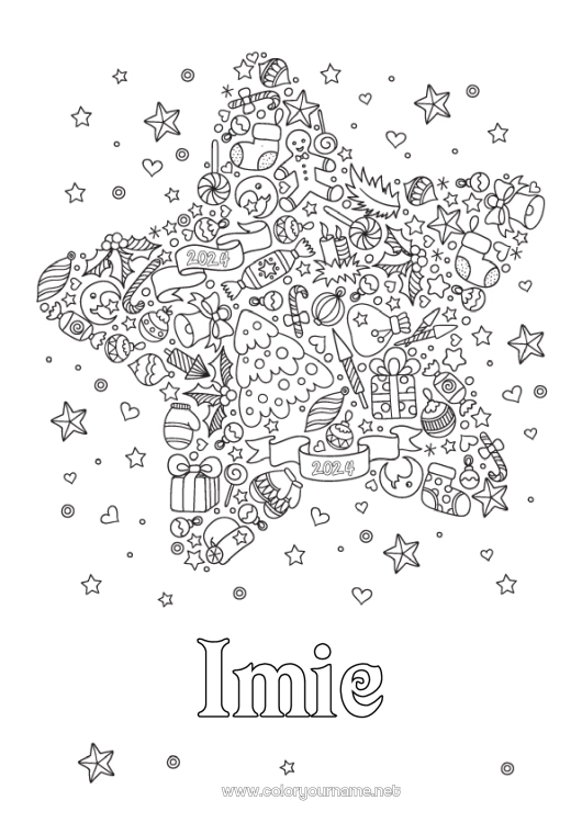 Kolorowanka do wydruku Szczęśliwego Nowego Roku! Gwiazda Bożego Narodzenia Gwiazdy Symbole Złożone kolorowanki Zentangle