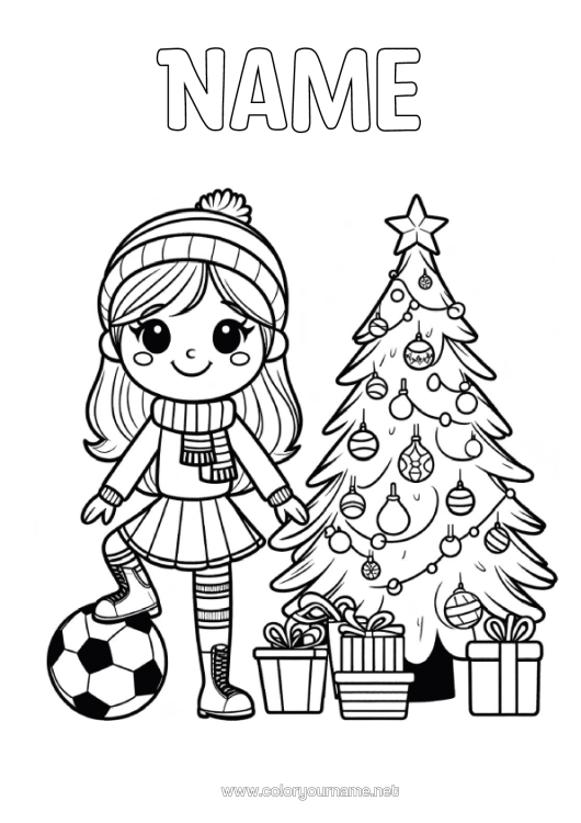 Colouring page to print Football Christmas Tree Girl