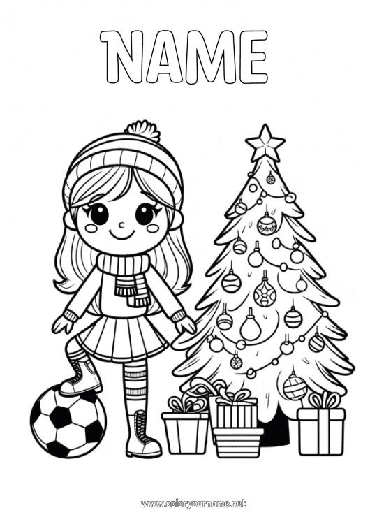 Coloring page to print Soccer ball Christmas tree Girl