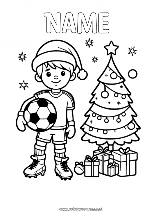 Coloring page to print Soccer ball Christmas tree Boy