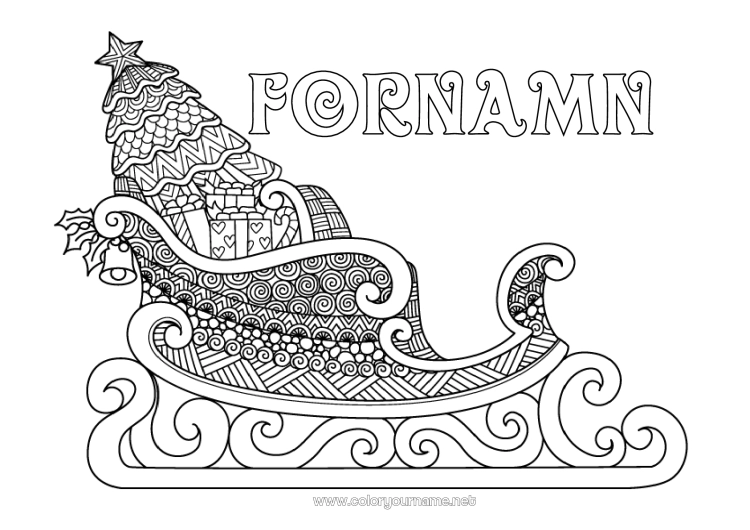 Färgläggningssida att skriva ut Julgran Släde Jul Fordon Komplexa målarbilder Zentangle