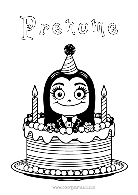 Pagină de colorat de imprimat Tort Aniversare Familia Addams