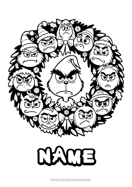 Colouring page to print Christmas Wreath Grinch