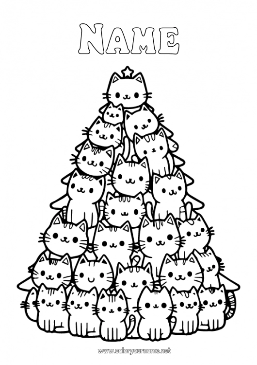 Coloring page to print Cat Christmas tree Kawaii Animal Dog and cat Fir