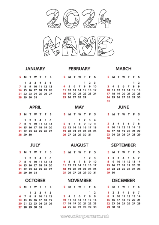 Colouring page to print 2024 Calendars And Planners.