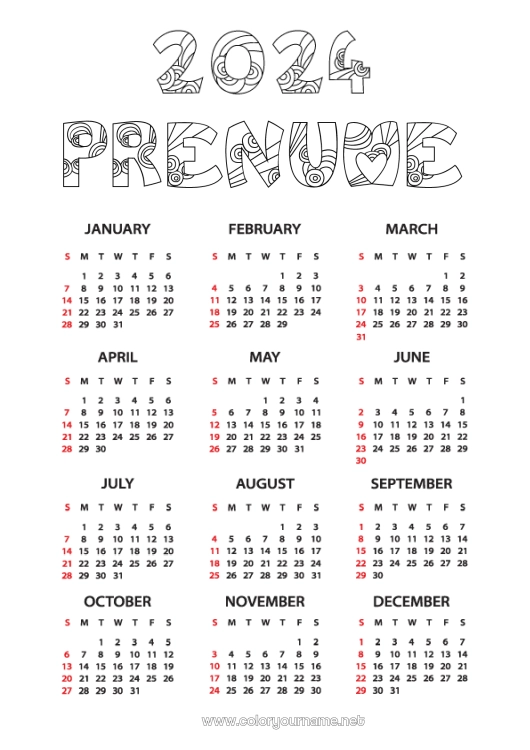 Pagină de colorat de imprimat 2024 Calendare și planificatoare