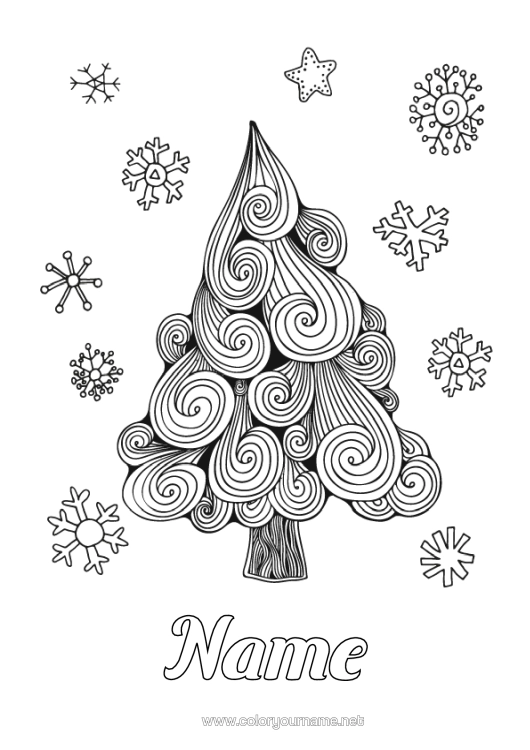 Colouring page to print Snowflakes Zentangle Fir Tree