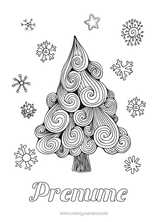 Pagină de colorat de imprimat Fulgi de zăpadă Zentangle Brad