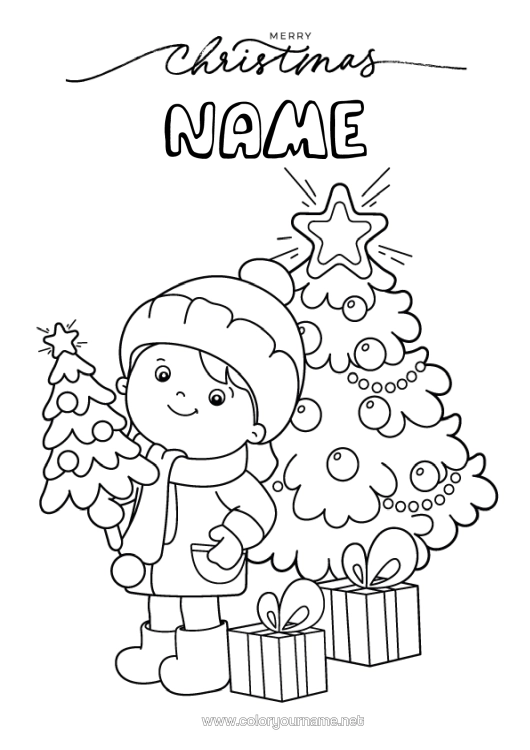 Colouring page to print Gifts Christmas Tree Christmas Child "Merry Christmas" Message