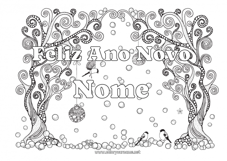 Página de desenho para imprimir Neve Inverno Pássaro Bola de Natal Feliz Ano Novo Flocos de neve Árvore Zentangle Pássaros e mamíferos voadores Mensagem de 