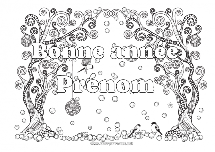 Coloriage à imprimer Neige Hiver Oiseau Boule de Noël Bonne année Flocons de neige Arbre Zentangle Oiseaux et mammifères volants Message 