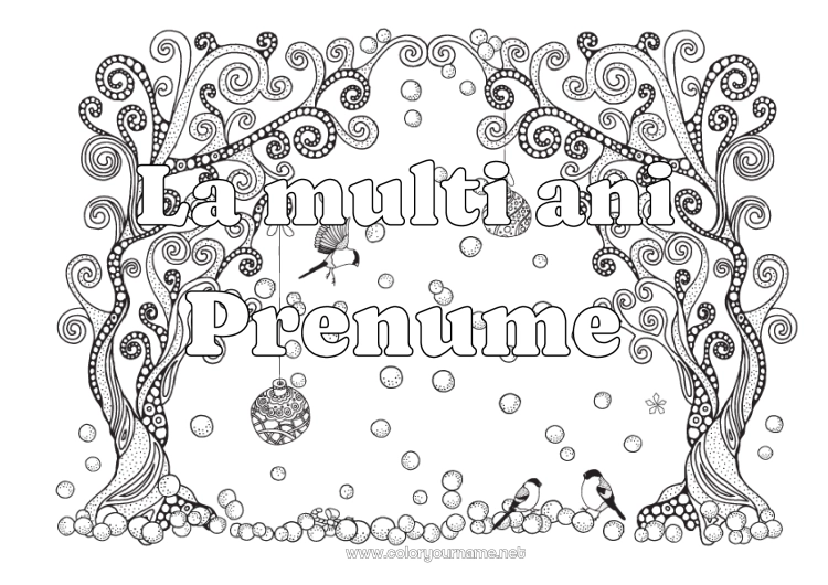 Pagină de colorat de imprimat Zăpadă Iarna Pasăre Bola de Crăciun La mulți ani! Fulgi de zăpadă Copac Zentangle Păsări și mamifere zburătoare Mesaj