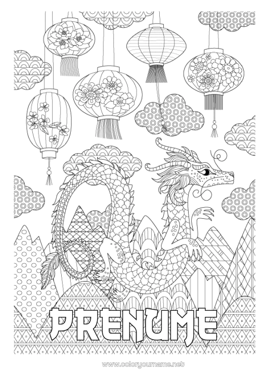 Pagină de colorat de imprimat Dragon Anul Nou Chinezesc Lanterna chineză Desene de colorat complexe Zentangle Dragoni, unicorni și animale fantastice