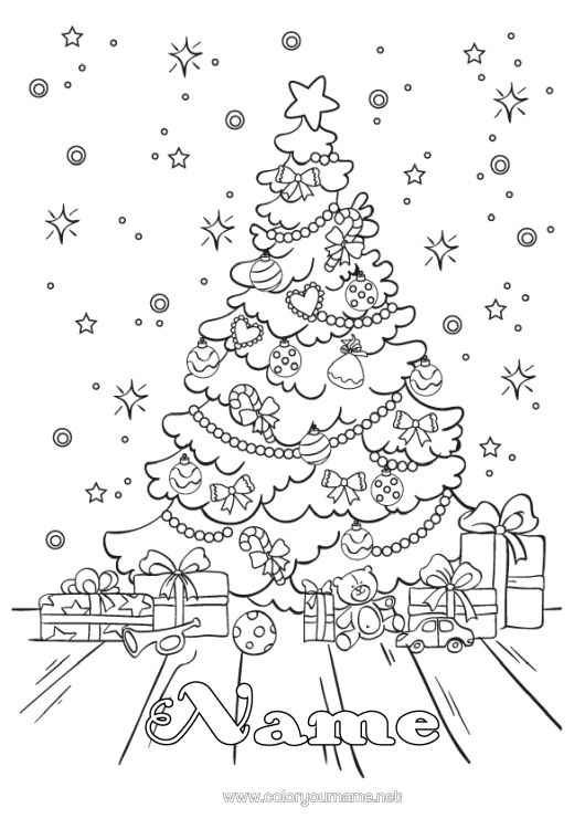 Colouring page to print Gifts Christmas Tree Toys Games And Toys