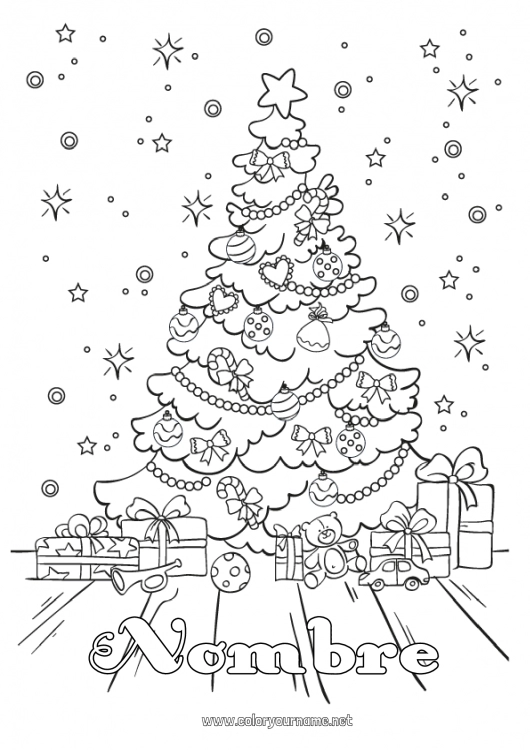 Dibujo para colorear para imprimir Regalos árbol de Navidad Juguetes Juegos y juguetes