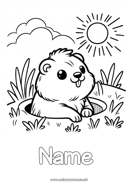 Coloring page to print Sun Forest animals Groundhog Groundhog Day