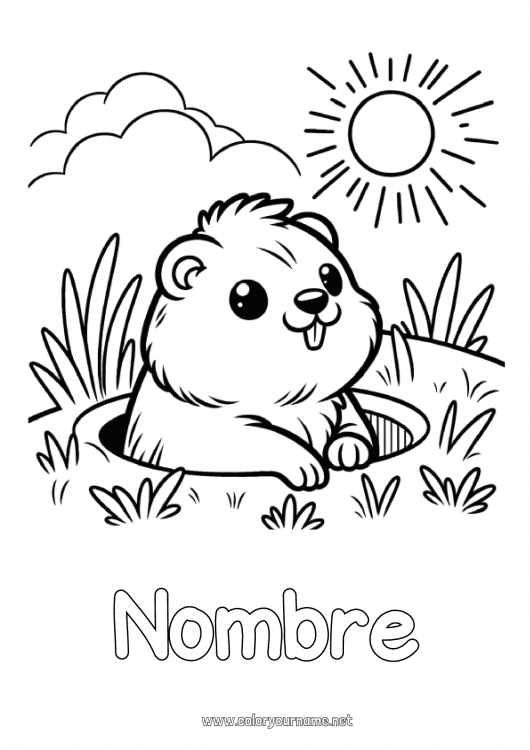 Dibujo para colorear para imprimir Sol Animales del bosque Marmota Día de la Marmota