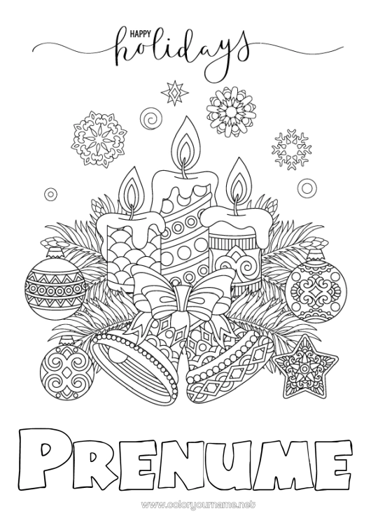 Pagină de colorat de imprimat Lumânare Crăciun Bola de Crăciun Decorațiuni de Crăciun Clopot