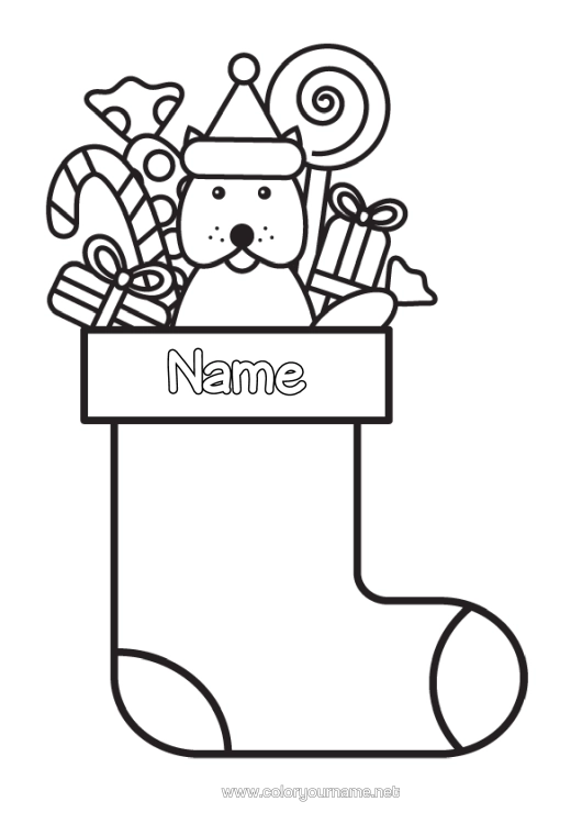 Colouring page to print Sweets Dog Candy Cane Treats, Sweets Easy Colouring Pages Dogs And Cats Pacifier Christmas Stocking