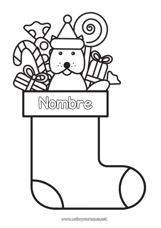 Dibujo para colorear para imprimir Caramelos Perro Bastón de caramelo Golosinas Dibujos fáciles para colorear Perros y gatos Chupeta Calcetín de Navidad