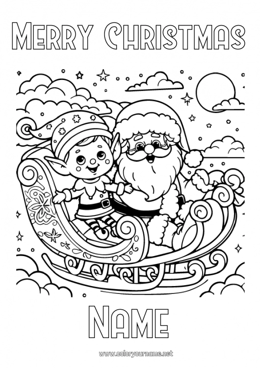 Coloring page to print Santa Claus Sleigh Christmas elves Elves coloring pages