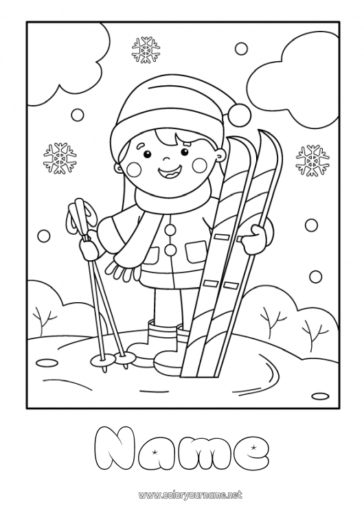 Coloring page to print Snow Winter Scarf Christmas hat Ski Winter Sports