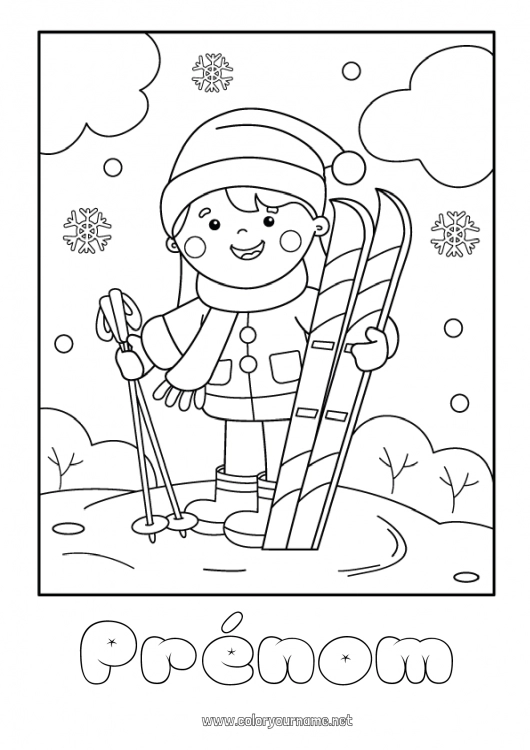 Coloriage à imprimer Neige Hiver écharpe Bonnet de Noël Ski Sports d'hiver