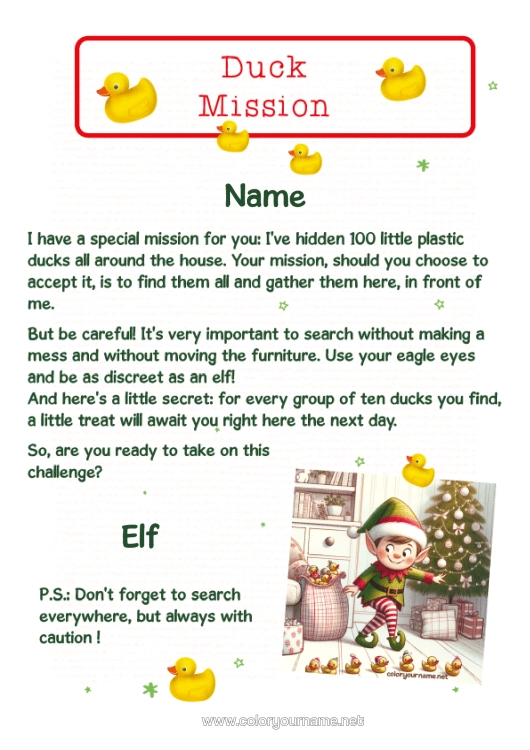 Colouring page to print Christmas Elves Christmas Elf's Mission Duck Birds And Flying Mammals