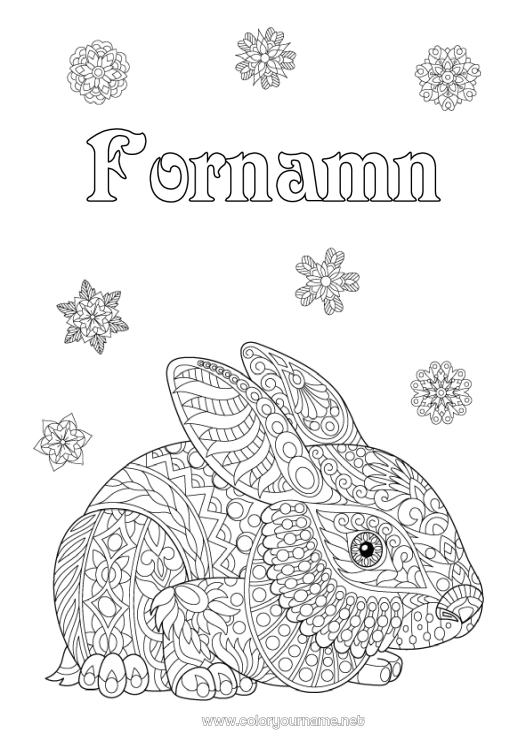 Färgläggningssida att skriva ut Kanin Snöflingor Djur Zentangle Skogens djur
