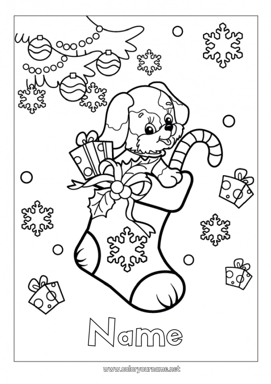 Coloring page to print Cute Gifts Dog Dog and cat Christmas stocking