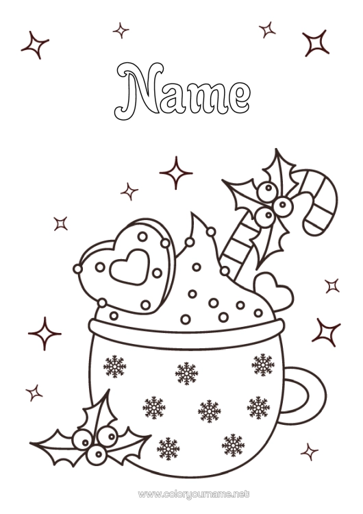 Colouring page to print Mug Candy Cane Holly Chocolate Drink
