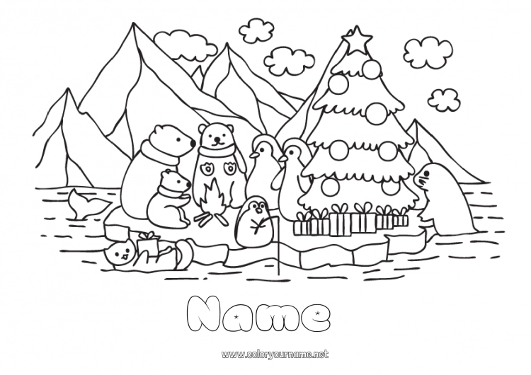 Coloring page to print Bear Christmas tree Christmas Penguin Animal Teddy Bear Seal Flying birds and mammals Forest animals North Pole