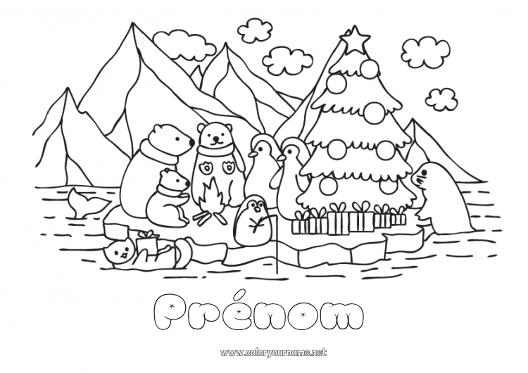 Coloriage à imprimer Ours Sapin de Noël Noël Pingouin, Manchot Animal Ourson Phoque Oiseaux et mammifères volants Animaux de la forêt Pôle nord