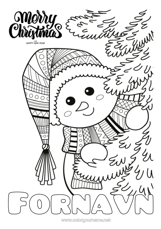 Farvelægningssiden til udskrivning Vinter Juletræ Snemand Jul Zentangle 