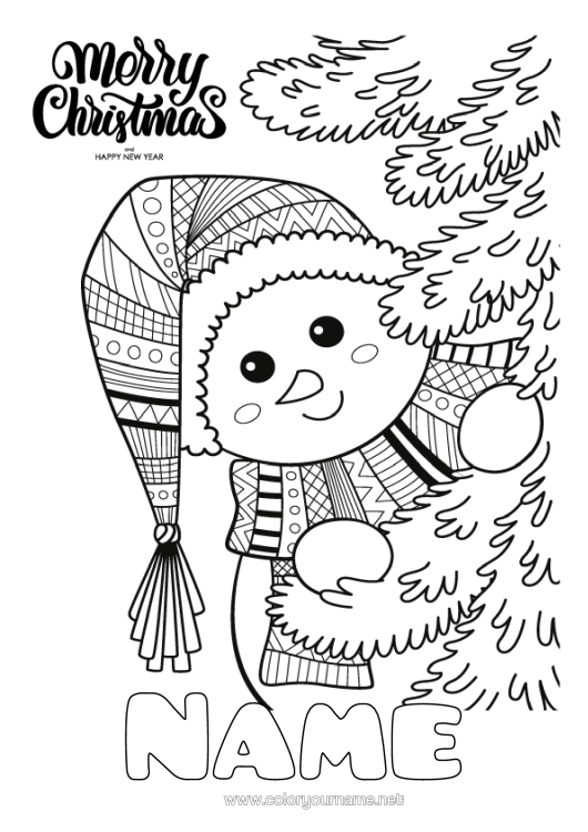 Colouring page to print Winter Christmas Tree Snowman Christmas Zentangle "Merry Christmas" Message