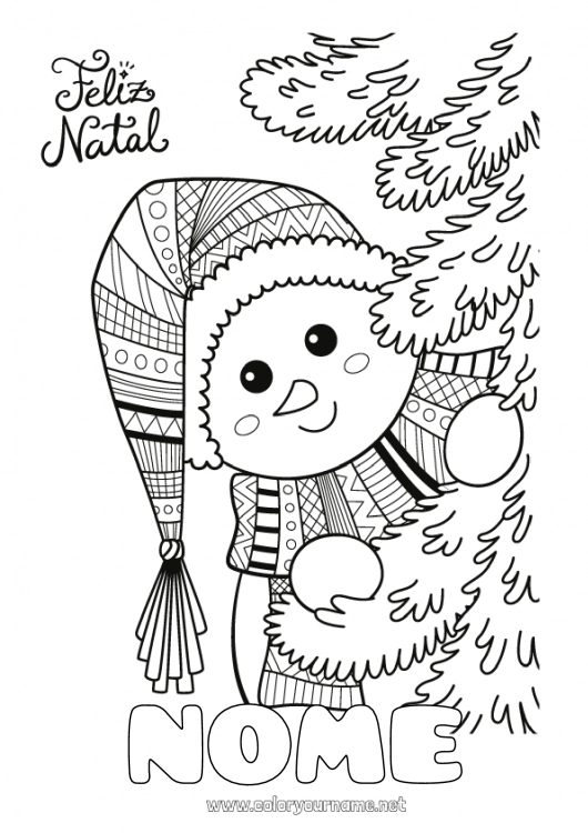 Página de desenho para imprimir Inverno Árvore de Natal Boneco de neve Natal Zentangle Mensagem de 