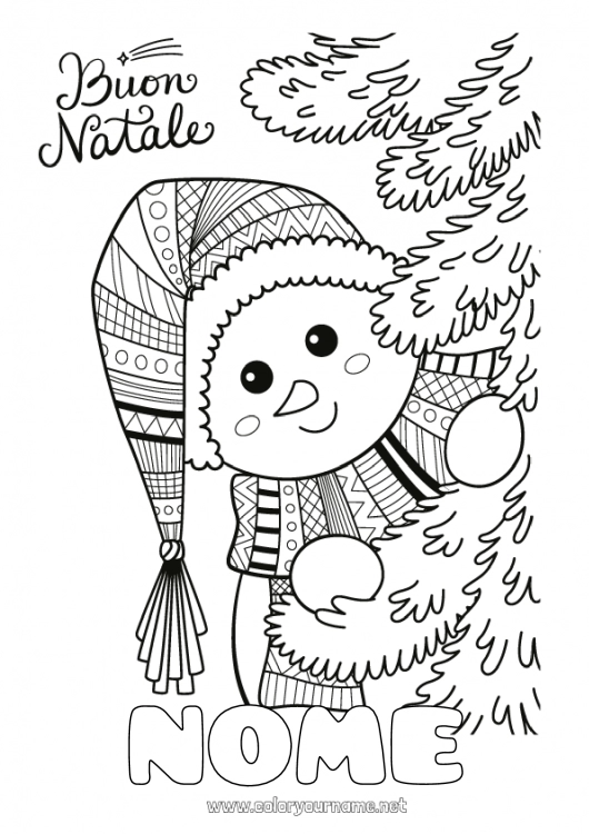 Pagina da colorare da stampare Inverno Albero di Natale Pupazzo di neve Natale Zentangle Messaggio 