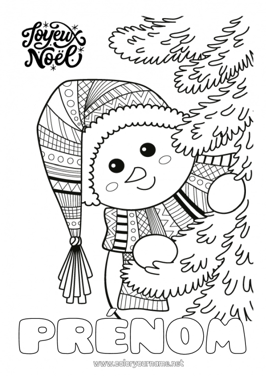 Coloriage à imprimer Hiver Sapin de Noël Bonhomme de neige Noël Zentangle 