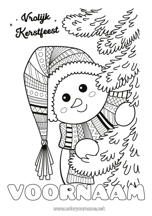 Kleurplaat om af te drukken Winter Kerstboom Sneeuwpop Kerstmis Zentangle 