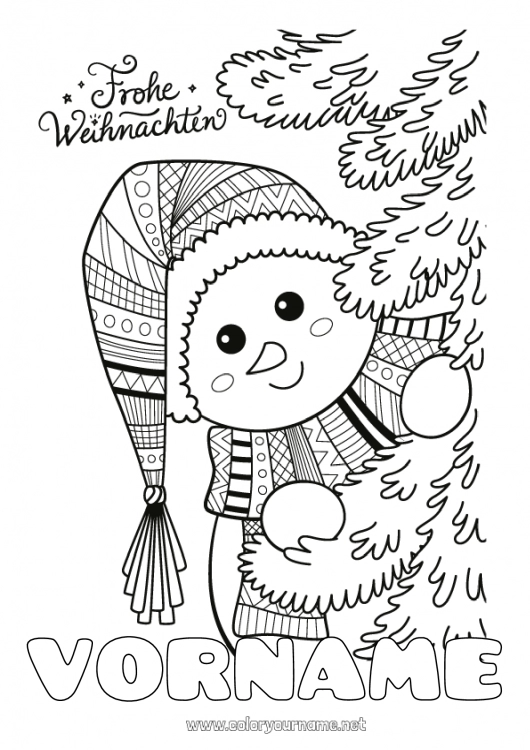 Malvorlage zum Ausdrucken Winter Weihnachtsbaum Schneemann Weihnachten Zentangle 