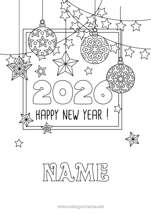 Colouring page to print Party Christmas Garland Happy New Year "Happy New Year" Customisable Year 2026 2027 2028 2029