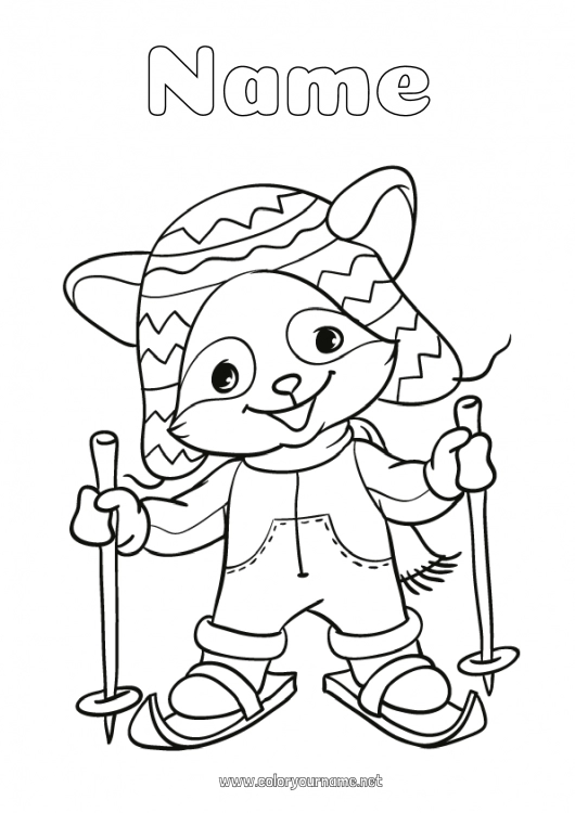 Coloring page to print Animal Forest animals Beaver Winter Sports Snowshoeing