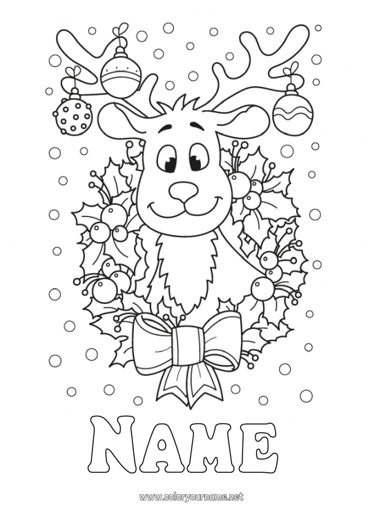 Coloring page to print Reindeer Christmas bauble Christmas decorations Christmas wreath Holly Forest animals Deer