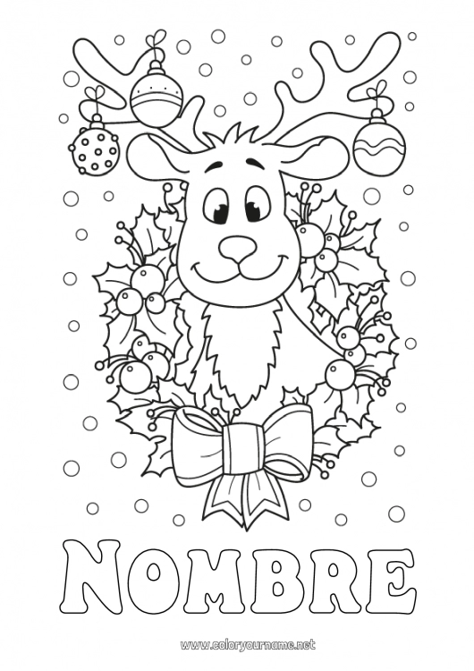 Dibujo para colorear para imprimir Reno Bolas de Navidad Decoración navideña Corona navideña Acebo Animales del bosque Ciervo