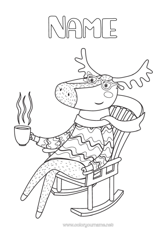 Colouring page to print Reindeer Animal Drink Forest Animals Deer Sweater Scarf