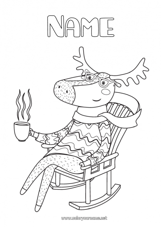 Coloring page to print Reindeer Animal Drinks Forest animals Deer Sweater Scarf