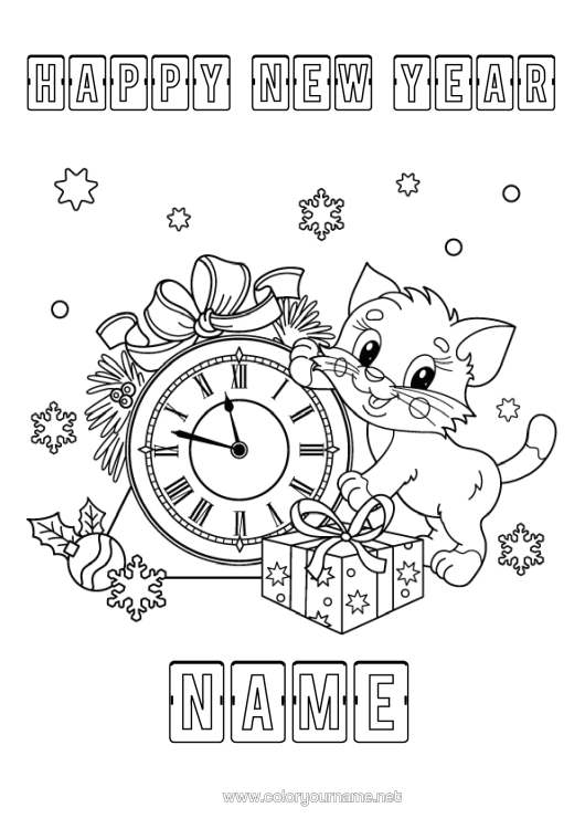 Colouring page to print Cat Gifts Happy New Year Dogs And Cats Clock