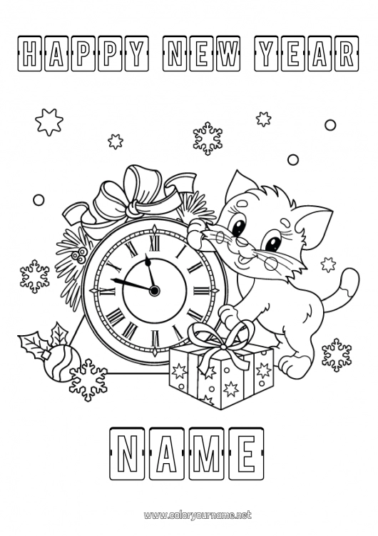 Coloring page to print Cat Gifts Happy new year Dog and cat Clock